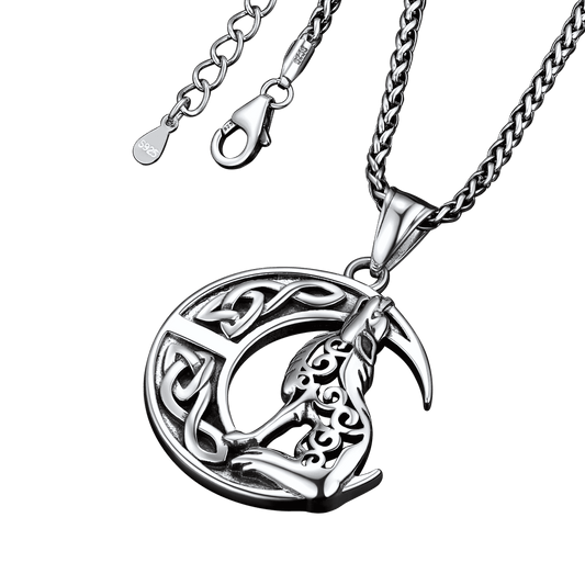 Colar com pingente de lobo celta viking lua crescente masculino