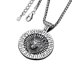Colar com Medalha de Lobo Viking e Runas, Joia Masculina