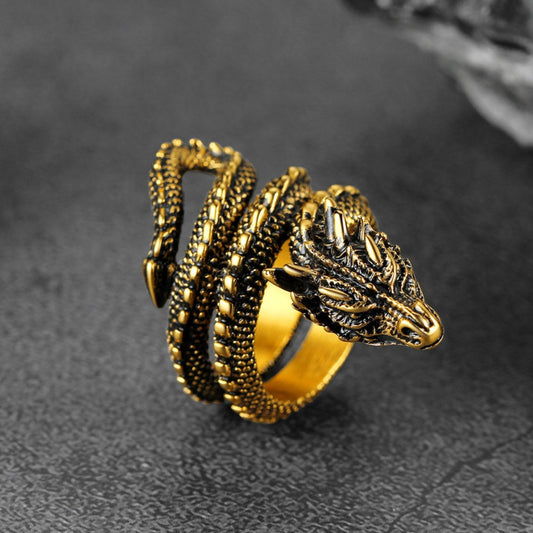 Anel de aço inoxidável com dragão espiral punk para homens e mulheres