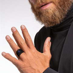 Anel de aço inoxidável com safira azul e olho que tudo vê