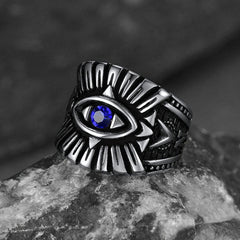 Anel de aço inoxidável com safira azul e olho que tudo vê