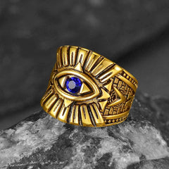 Anel de aço inoxidável com safira azul e olho que tudo vê