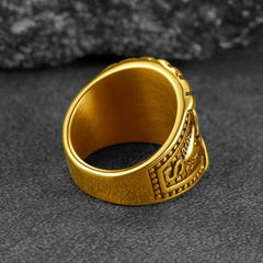 Anel de aço inoxidável com safira azul e olho que tudo vê