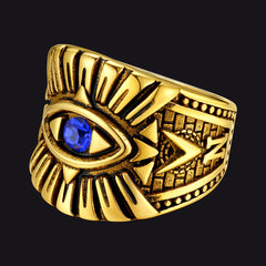 Anel de aço inoxidável com safira azul e olho que tudo vê