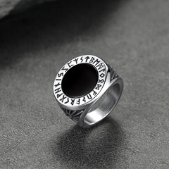 Anel de sinete de ônix preto com runas vikings masculino