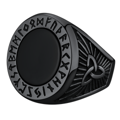 Anel de sinete de ônix preto com runas vikings masculino