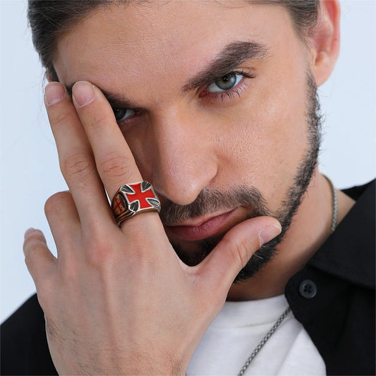 Anel masculino de aço inoxidável com cruz dos Cavaleiros Templários Cristãos