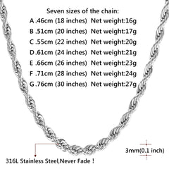 Colar de corrente de corda torcida feminino 3 mm de largura