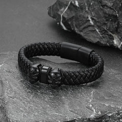 Personalized Name Beads Leather Skull Bracelet