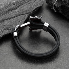 Pulseira de couro com cabeça dupla de lobo viking