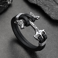Pulseira de couro com cabeça dupla de lobo viking