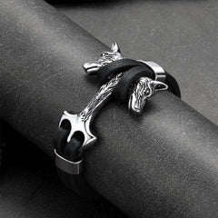 Pulseira de couro com cabeça dupla de lobo viking