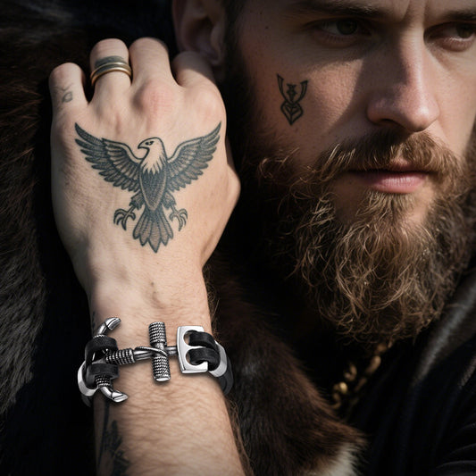 Viking Stainless Steel Anchor Black Leather Bracelet