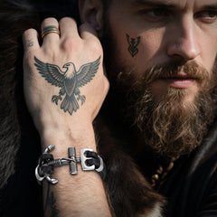 Pulseira Viking de Aço Inoxidável Âncora de Couro Preto