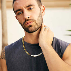 Meia gargantilha de pérola branca de 8 mm e corrente de elos cubanos de 7 mm