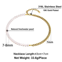 Meia gargantilha de pérola branca de 8 mm e corrente de elos cubanos de 7 mm