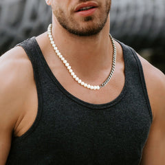 Meia gargantilha de pérola branca de 8 mm e corrente de elos cubanos de 7 mm