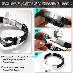 Pulseira Maçônica de Couro Preto Trançado com Bússola e Pai e Marido