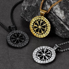 Colar com pingente de bússola Vegvisir com runas vikings para homens