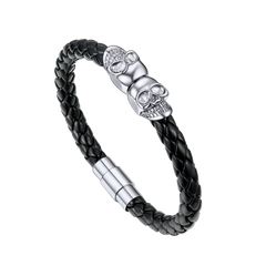 Black Braided Leather Skull Bracelet