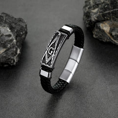 Pulseira Maçônica de Couro Preto Trançado com Bússola e Pai e Marido