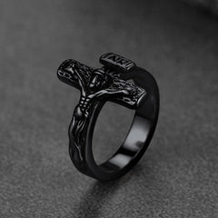 Anel masculino com crucifixo e cruz de Jesus cristão