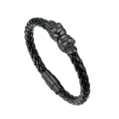 Black Braided Leather Skull Bracelet