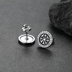 Brincos de pino Vegvisir com bússola nórdica e runa viking para homens