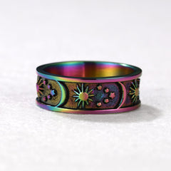 Anel masculino de aço inoxidável com faixa de sol, lua e estrela