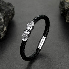 Black Braided Leather Skull Bracelet
