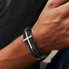Pulseira de couro trançado com cruz cristã/presente para neto