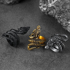 Anel de aço inoxidável com dragão espiral punk para homens e mulheres