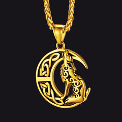 Colar com pingente de lobo celta viking lua crescente masculino