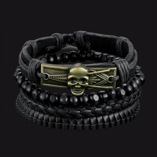 Multi Skull Braided Leather Rope Wristband Gift Son Bracelet