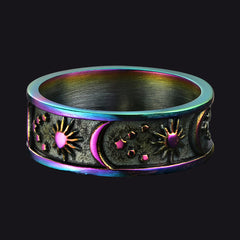 Anel masculino de aço inoxidável com faixa de sol, lua e estrela