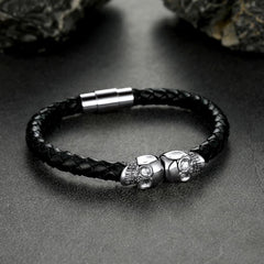 Black Braided Leather Skull Bracelet