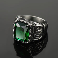 Vintage Crystal Crown Green Emerald Ring Men