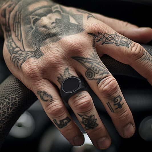 Anel de sinete redondo de ônix preta masculino em aço inoxidável