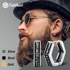 Brincos de argola Viking Rune Viking Hexagon Rune para homens