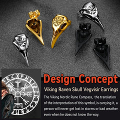Brincos de pino com caveira Viking Raven e runa Viking com Vegvisir Viking para homens e mulheres