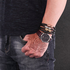 Black Braided Leather Skull Bracelet