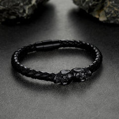 Black Braided Leather Skull Bracelet