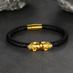 Black Braided Leather Skull Bracelet