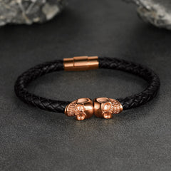 Black Braided Leather Skull Bracelet