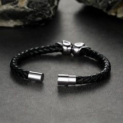 Black Braided Leather Skull Bracelet