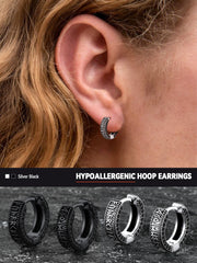 Brincos de argola Viking Rune de prata esterlina com zircônia preta para homens