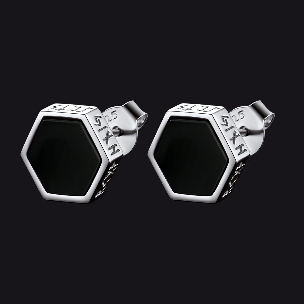Brincos de pino Viking Rune Hexagon Black Onyx para homens