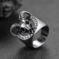 Satanic Goat Skull Ring Viking Runes Men