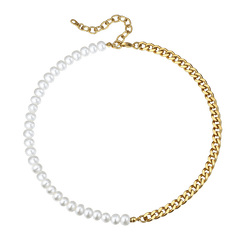 Choker-Halskette mit einer halben 8-mm-weißen Perle und einer halben 7-mm-kubanischen Gliederkette