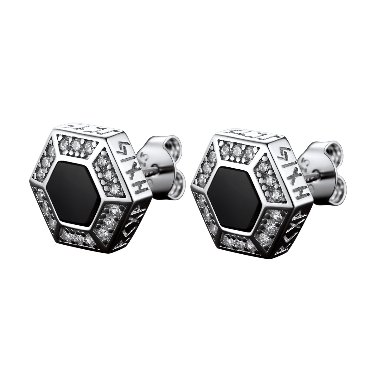 Brincos de pino Viking Rune Hexagon Black Onyx para homens